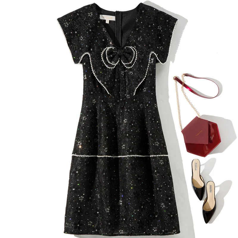 

Guesod Women Dress 2022 Summer V-Neck Beading Bow Shawl Fashion Slim Sleeveless Dress New