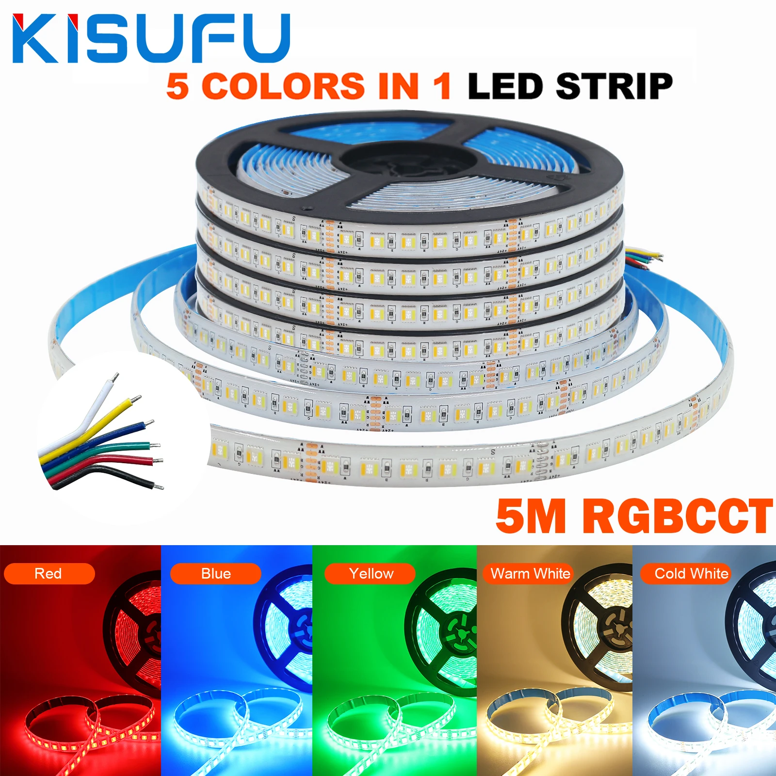 5 цветов в 1 чипе RGBCCT COB Светодиодная лента DC12V 24V 5M SMD 5050 60 96LEDs/M Гибкая клейкая IP21/IP67