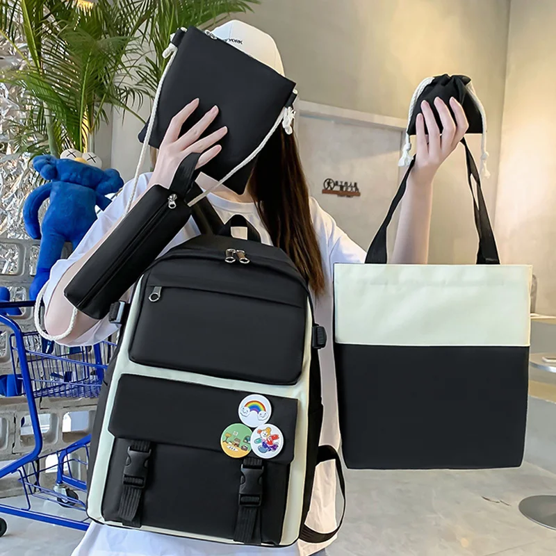 

4 In 1 Women Backpack Solid Color School Bag for Girls Trendy Badge Travel Backpacks Multifunctional Student Bookbags