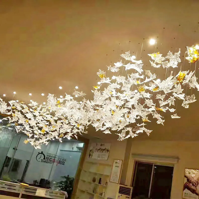 

Custom Luxury Crystal Decorative Ceiling Pendant Light Large Project Shopping Malls Sales Department Maple Glass Hanging Lamp