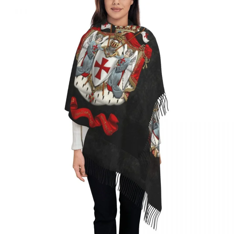 

Luxury Knights Templar Coat Of Arms Tassel Scarf Women Winter Warm Shawls Wraps Ladies Medieval Warrior Cross Scarves