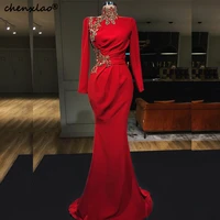 chenxiao muslim red evening dresses high collar full sleeves beading mermaid formal party gowns vestidos middle east classic