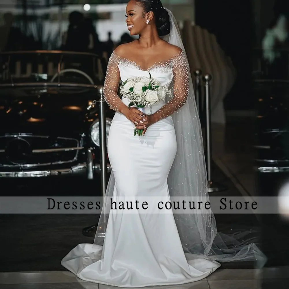 

New Africa Mermaid Wedding Dresses with Detachable Train 2023 Sheer Neck Long Sleeve Satin Beading Crystal Bridal Gowns