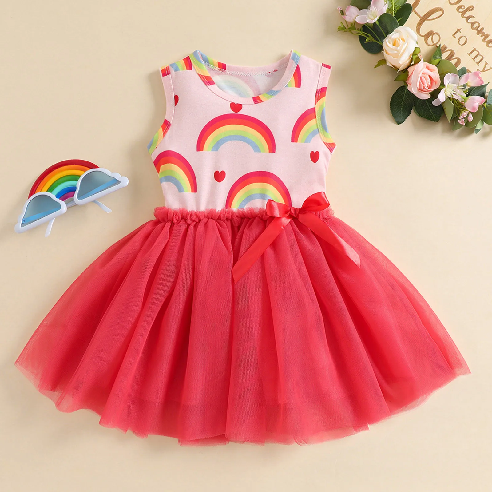 

Платье для маленьких девочек, летнее платье без рукавов, платье для девочек с радужным принтом, тюлевые лоскутные платья с бантом, повседнев...