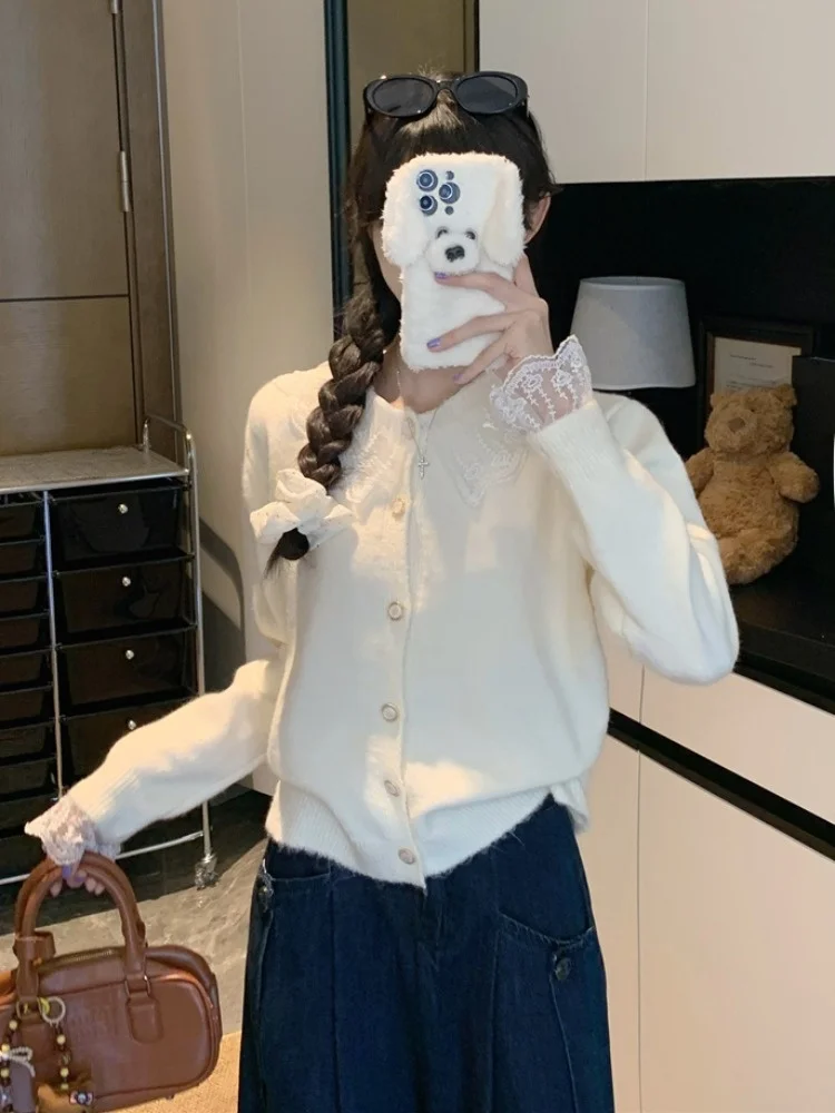 Утолщенный свитер с кружевной строчкой кардиган верхняя одежда женская