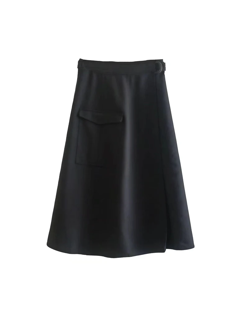 

Women Autumn Solid A-Line Skirts 2022 Casual Belt Pockets High waist Female Elegant Street Knee-Length Skirt Clothing