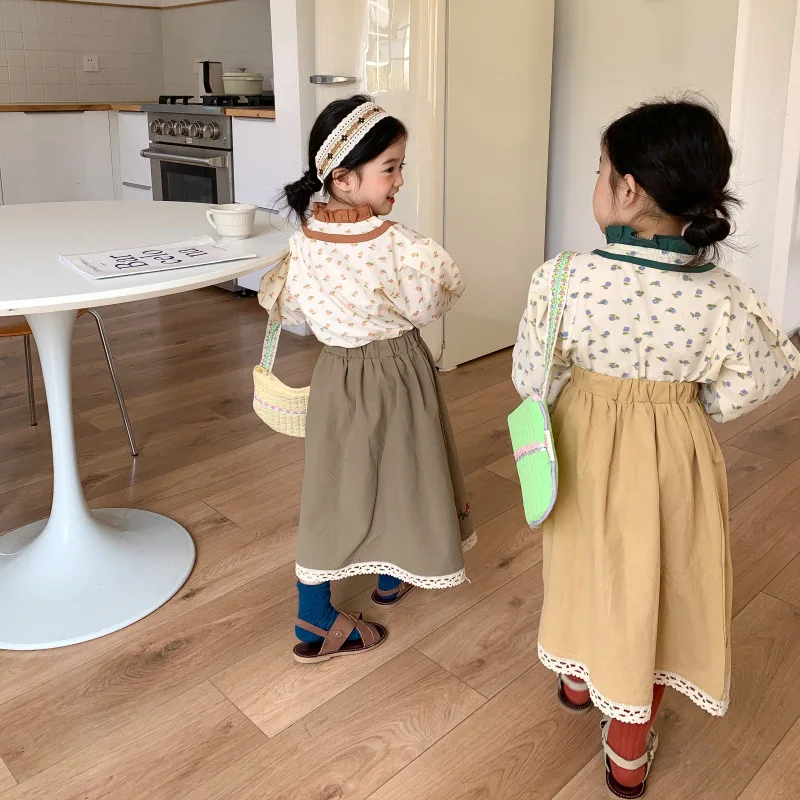 RiniLucia 2022 Spring Girls' Clothing Sets Floral Tops+ Lace Long Skirt 2Pcs Suit Princess Toddler Baby Kids Children Clothes