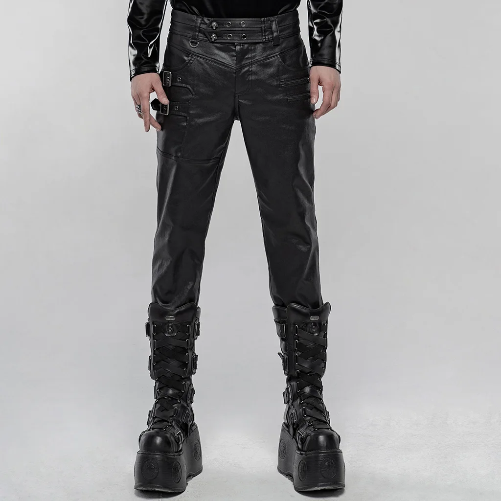 PUNKRAVE Men's Punk Imitation Pu Leather Long Pants Steampunk Fashion Zipper Bag Decoration Slim Fit Casual Trousers