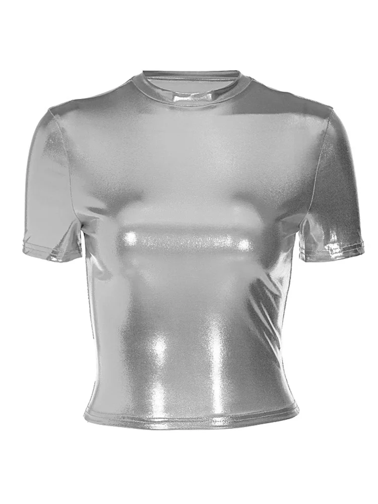Кожаная однотонная футболка с круглым вырезом и короткими рукавами сексуальная