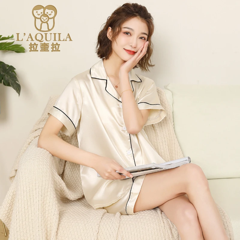 L’AQUILA 2022 Newest Spring Summer Short-sleeved Thin Silk Pajamas for Couples Man and Woman Sleepwear Soild Color Soft Homewear