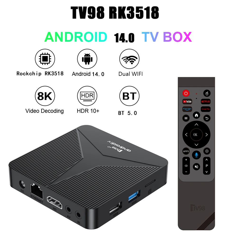 Фото ТВ-приставка TV98 ATV RK3518 на Android 14 с двухдиапазонным Wi-Fi 2.4G/5G, BT5.0, поддержкой декодирования 4K/8K, Ultra HD, голосовым пультом дистанционного управления и функцией потоковой передачи. №1