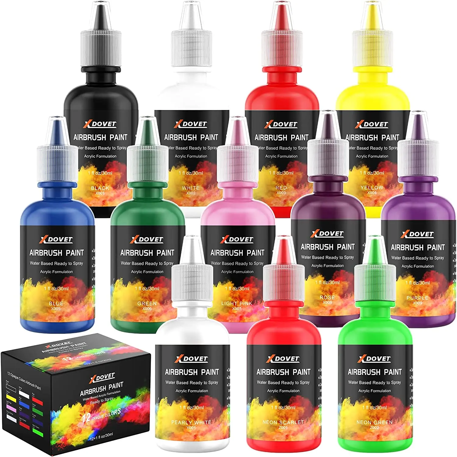 

XDOVET Airbrush Paint, 12 Colors Airbrush Paint Set (30 ml/1 oz), Ready to Spray, Opaque & Neon Colors, Water-Based, Premium Acr