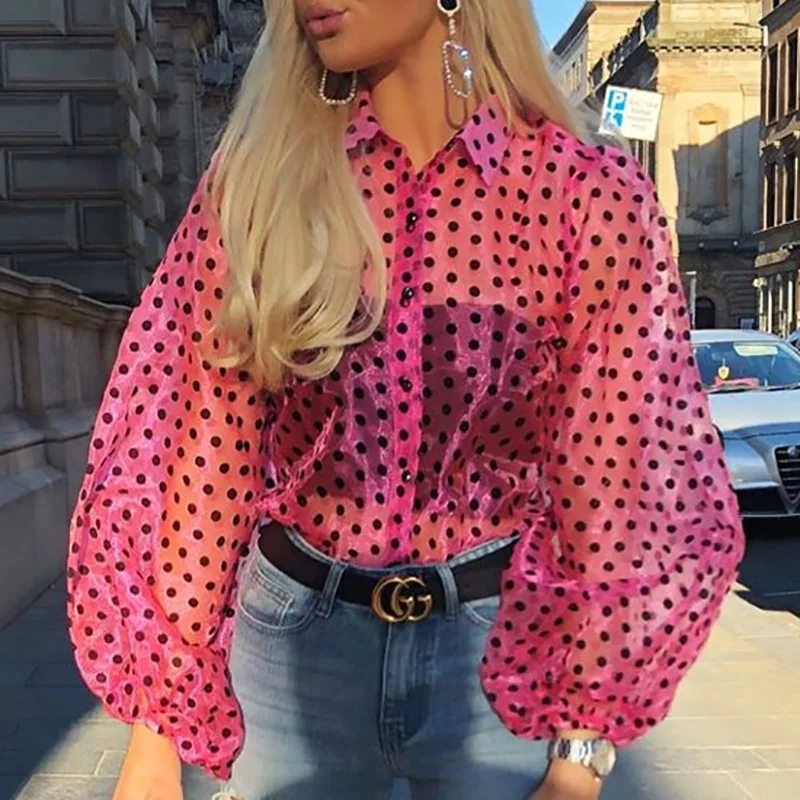 

Sexy Women's Mesh Transparent Blouse 2022 New Perspective Lantern Long-sleeved Polka Dot Printing Pearl Button Shirt Elegant Top
