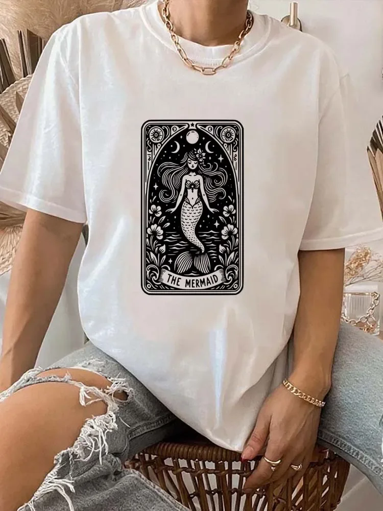 Русалка в стиле ретро Повседневная футболка с круглым вырезом и коротким рукавом