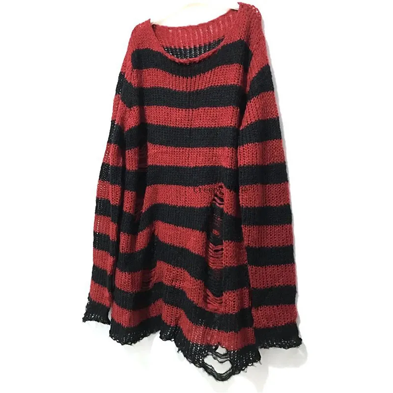 

Lucyever панк готический длинный свитер для женщин Полосатый крутой ажурный сломанный джемпер женский уличный Свободный вязаный пуловер для пар