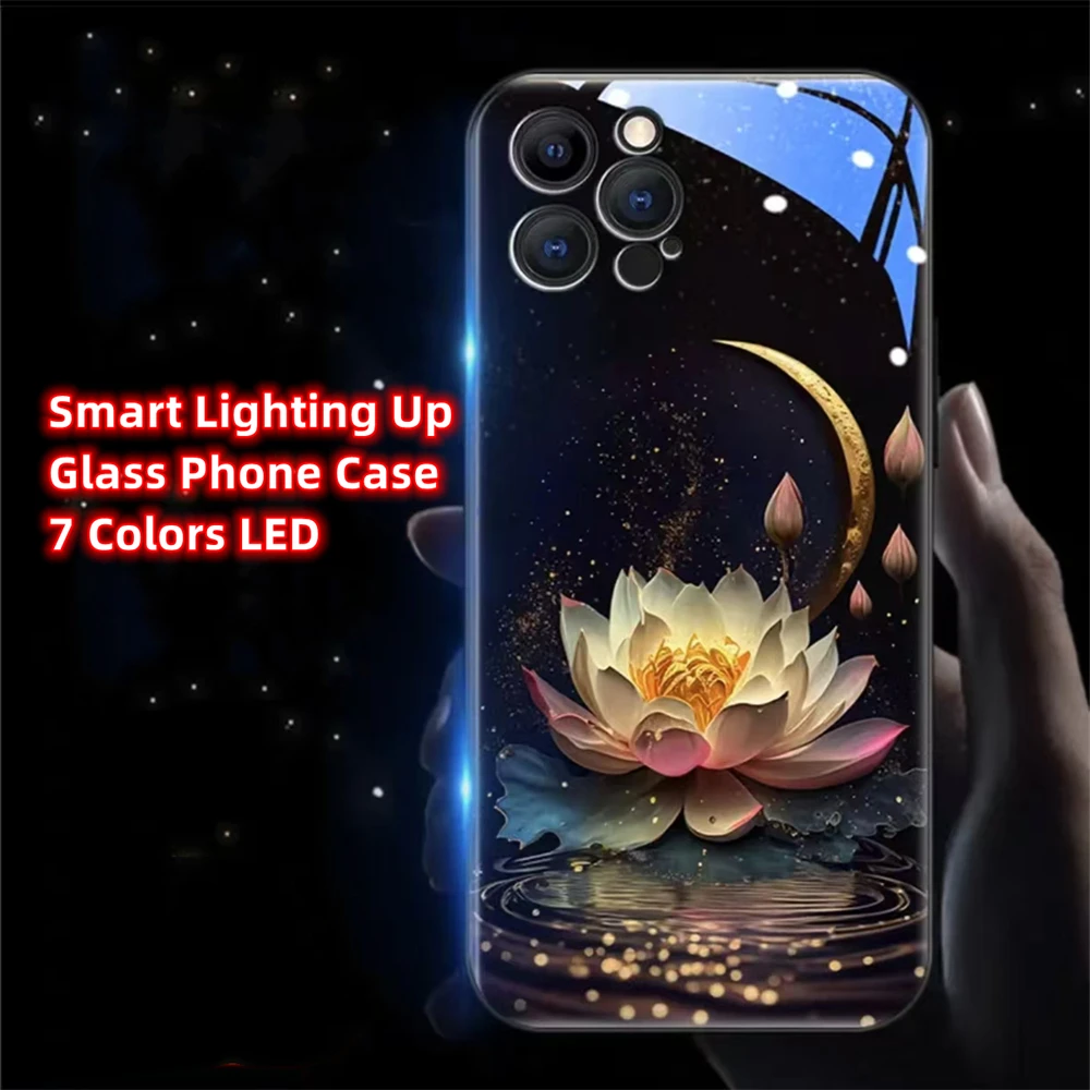 Чехол для телефона из закаленного стекла Dark Night Lucky Lotus Smart LED Light Glow Samsung S24 S23 S22 S21 S20
