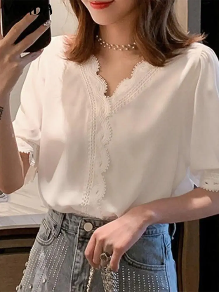 

VONDA 2023 Summer Women Lace Elegant Blouses Short Puff Sleeve Sexy V-Neck Solid Shirts Fashion Office Loose Blusas Femininas