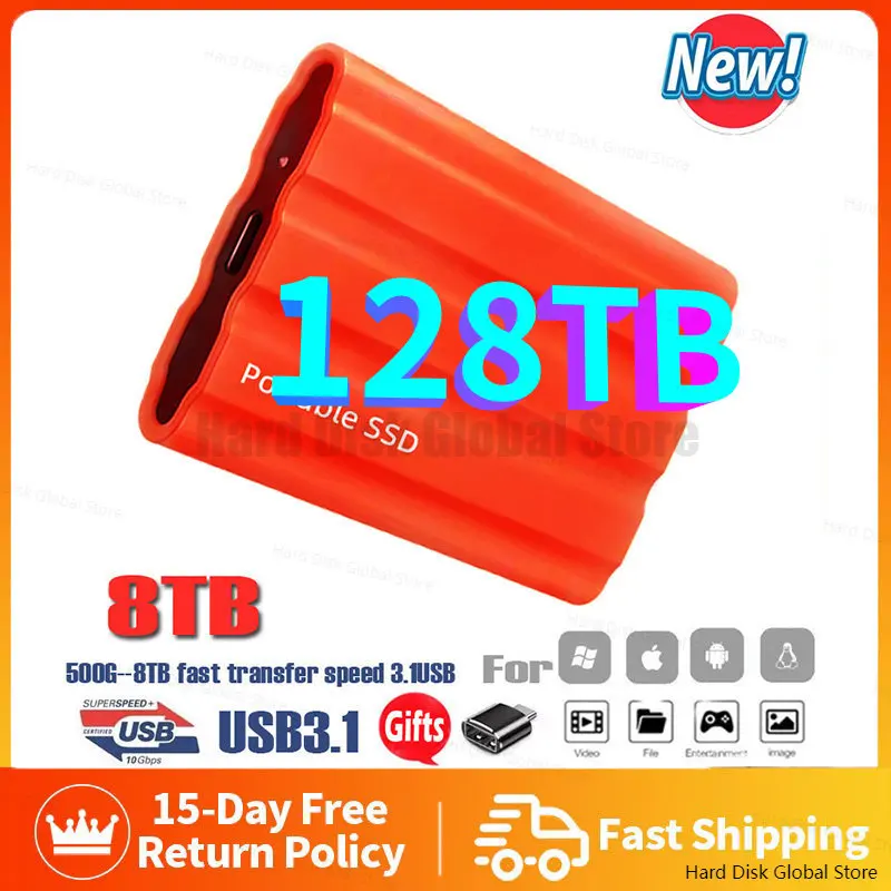 

Portable Mini SSD 128TB 4TB USB3.0 High-capacity USB Type-C Interface High-speed Hard Disk External Mobile Solid State Drives