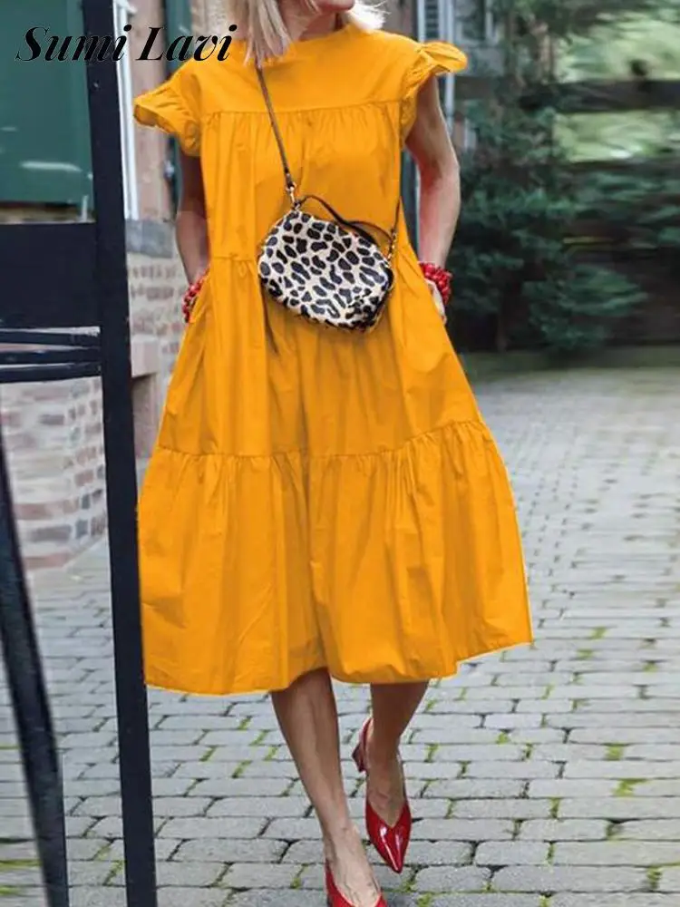 

Ladies Simple With Pocket Loose Pullover Dress Fashion O Neck Solid Pleated Dress Summer Women Short Sleeve Midi A-Line Dresses