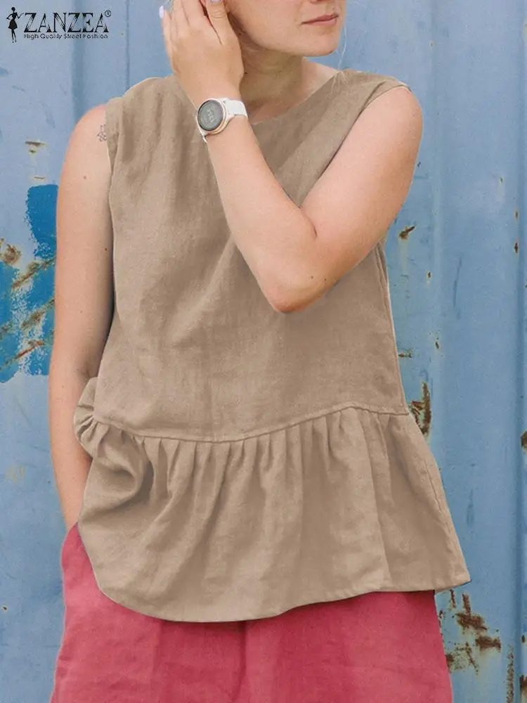 

ZANZEA Sleeveless Holiday Beach Tank Tops Solid Color Elegant O-Neck Blouse Summer Chemise Fashion Ruffled Hem Vest Camisole