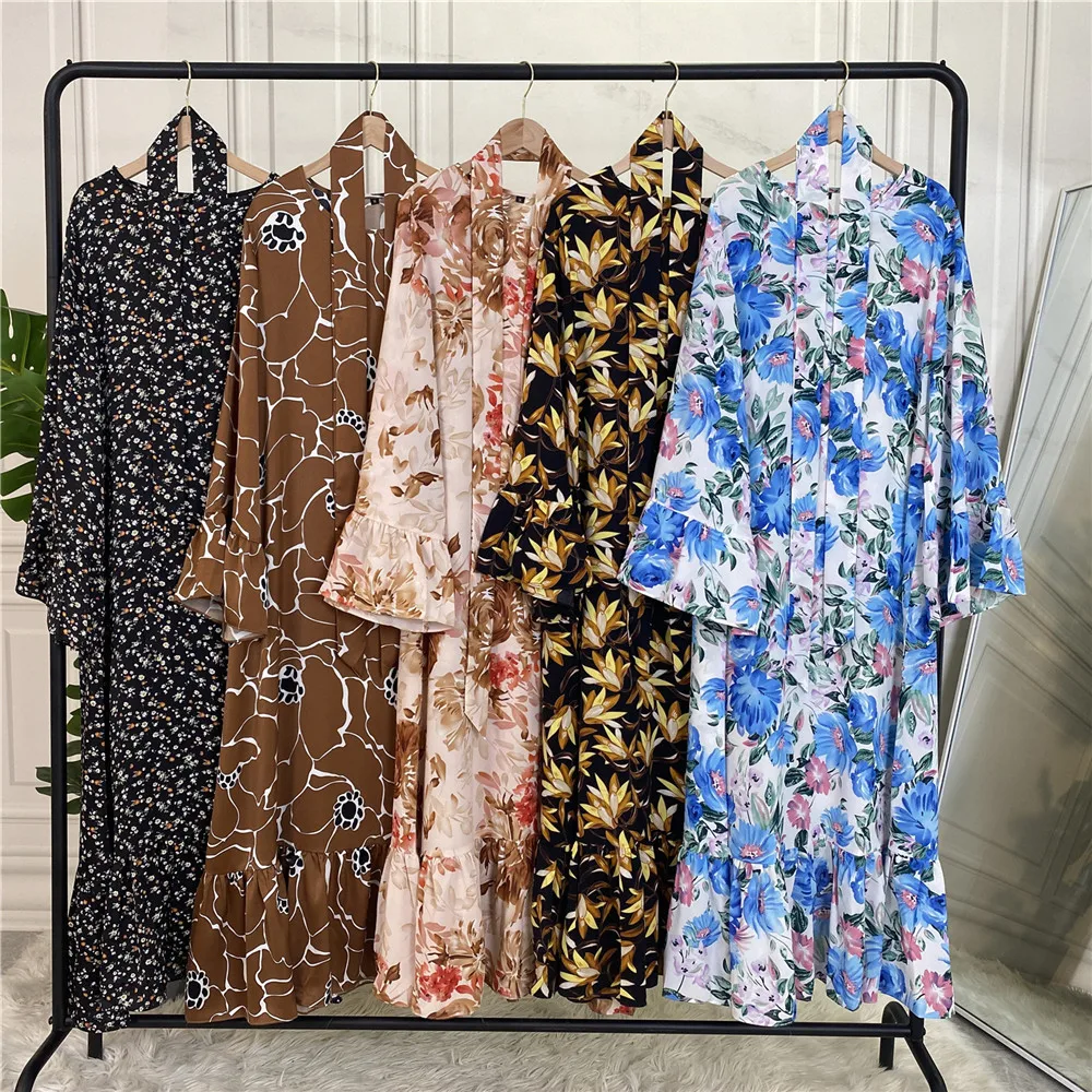 Eid Mubarak Muslim Fashion Hijab Dress Floral Printed Abayas for Women Turkish Dresses Dubai Abaya Islamic Clothing Kaftan Robe