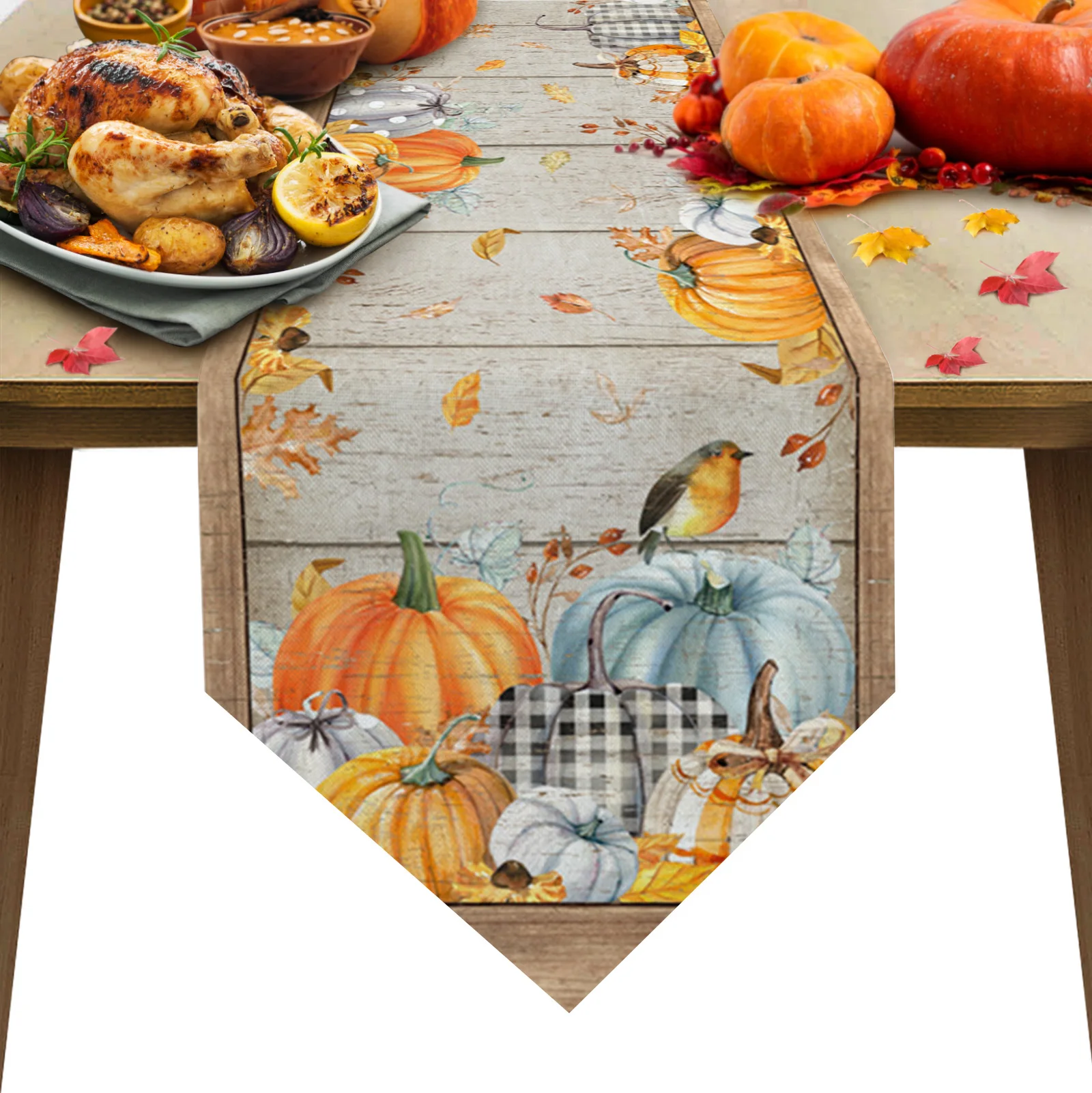 

Autumn Pumpkin Maple Wood Grain Table Runners Holiday Wedding Decor Dinning Table Cover Christmas Decorations Table Cloth