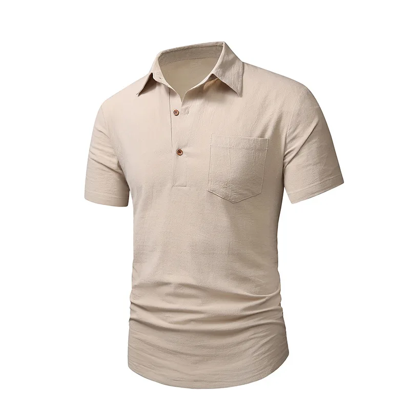 

Euro Size Man Short Sleeve Solid Color T-shirts Shirt 2023 Summer New Men's Cotton Linen Blend lapel White Beach Polo Shirts
