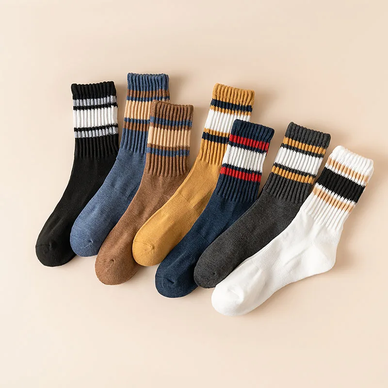 Winter Thick Men's Cotton Socks Fashion Striped Sports Socks High Quality Casual Long Socks Men's Padded Cycling Socks 5 Pair