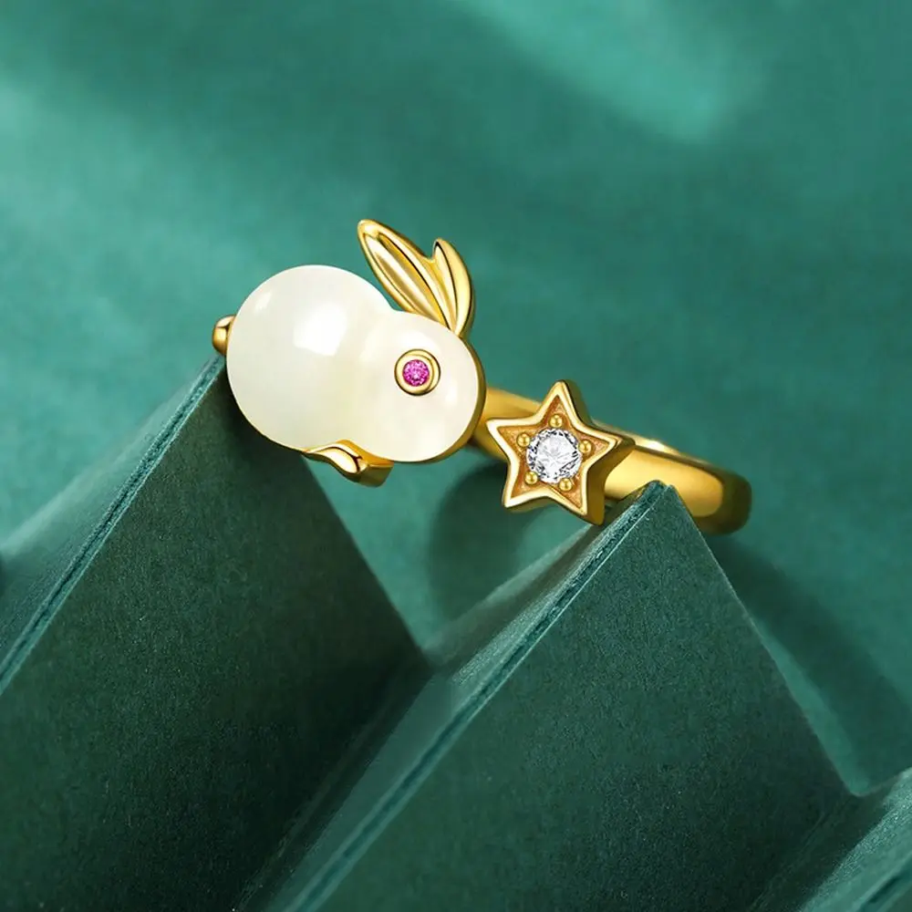 

Fashion Copper Ring Imitation Hetian Jade Rabbit for Women Simple Exquisite Chinese Style Opening Ring Party Jewelry Gift