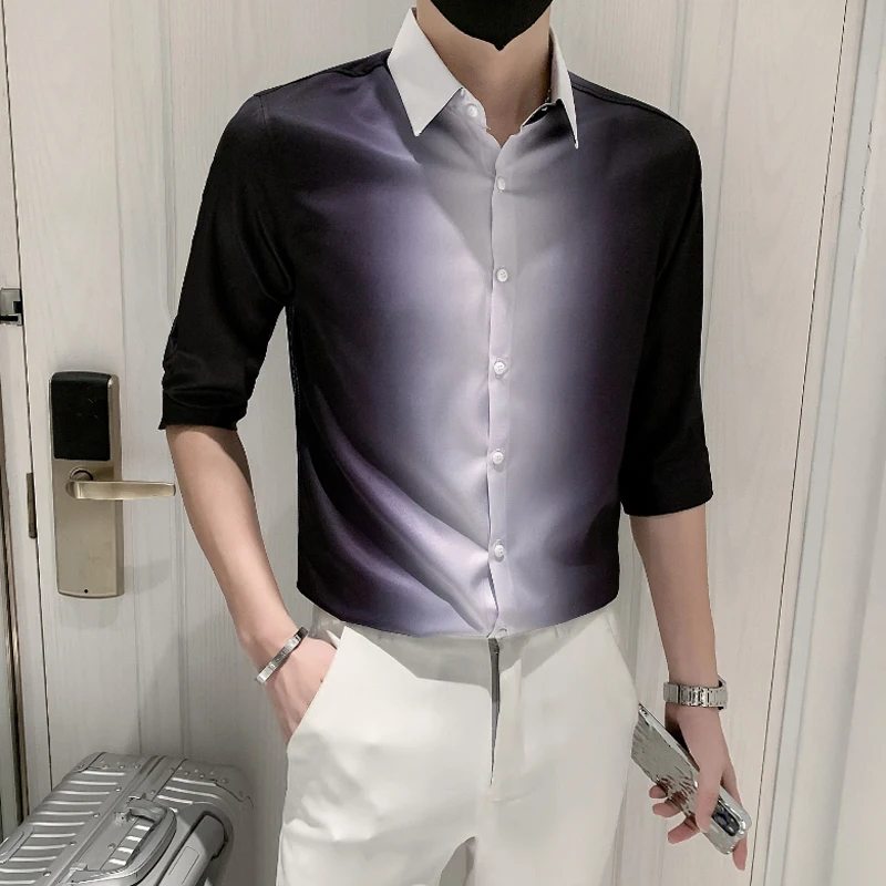 Рубашка мужская с коротким рукавом блуза квадратным вырезом облегающая сорочка