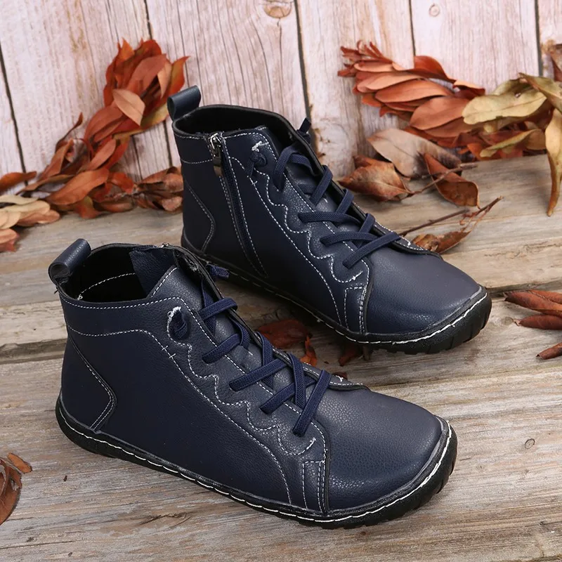

2022 New Retro Ankle Boots Women Autumn Round Toe Flat Casual Water Proof Boots Lace Up Punk Short Boots Female Shoes
