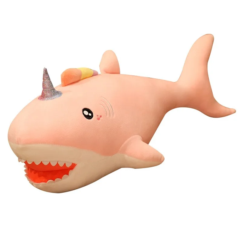 

New Hot Giant Colorful Unicorn Shark Plush Toy Stuffed Narwhale Doll Soft Fish Blue Pink With Horn Sleeping Pillow Kawaii Gift