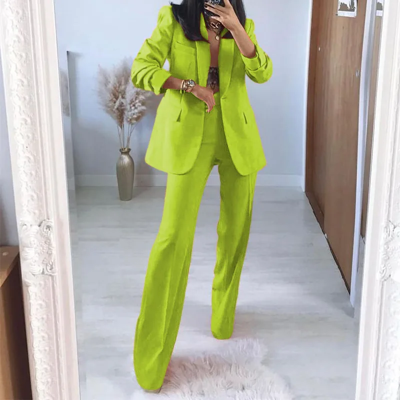 

Elegant Suits for Women Green Long Sleeve Notched Blazer and High Waist Wide Leg Pants Two Piece Outfits for Ladies Business