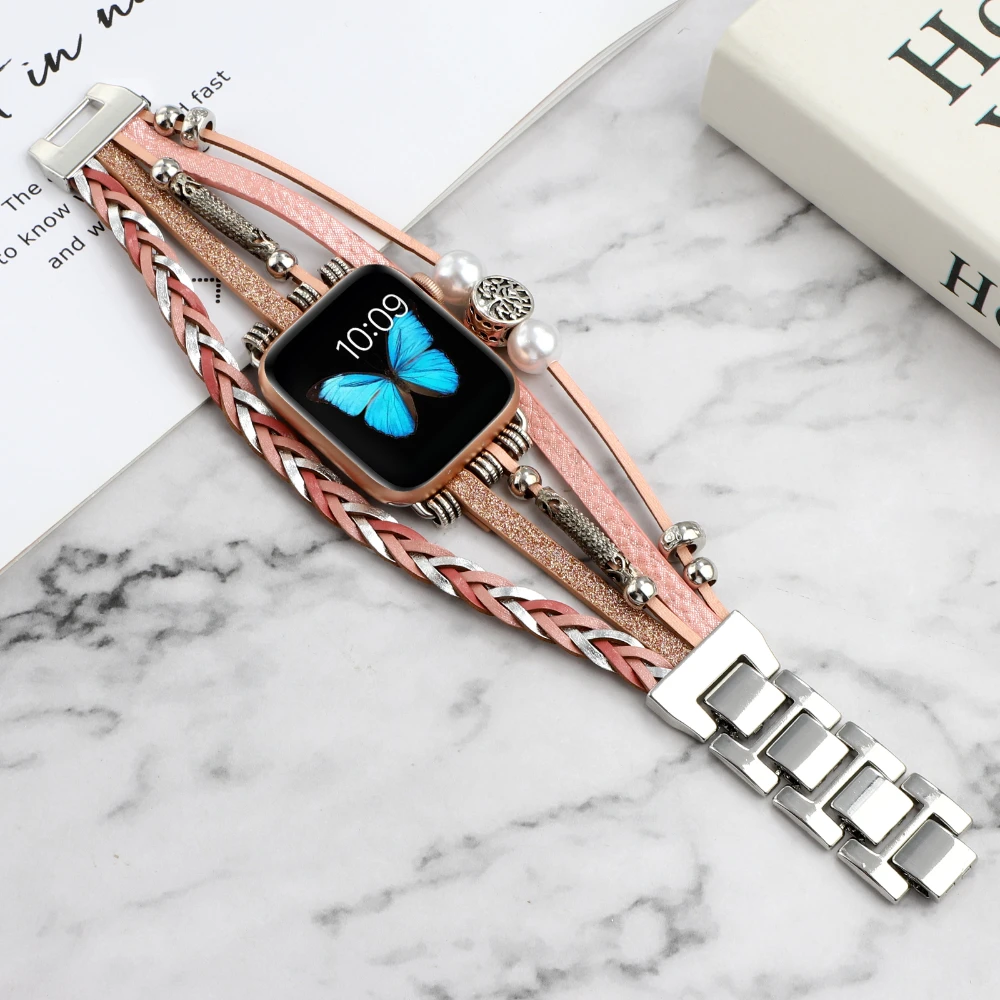 Jewelry Leather Strap for Apple Watch 49mm 45mm 41mm 44mm 40mm 42mm 38mmReplacement Bracelet Wristband for iWatch Ultra 876543SE enlarge