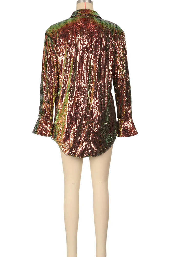 Beyprern Роскошная женская блестящая красочная блузка с блестками рубашка и