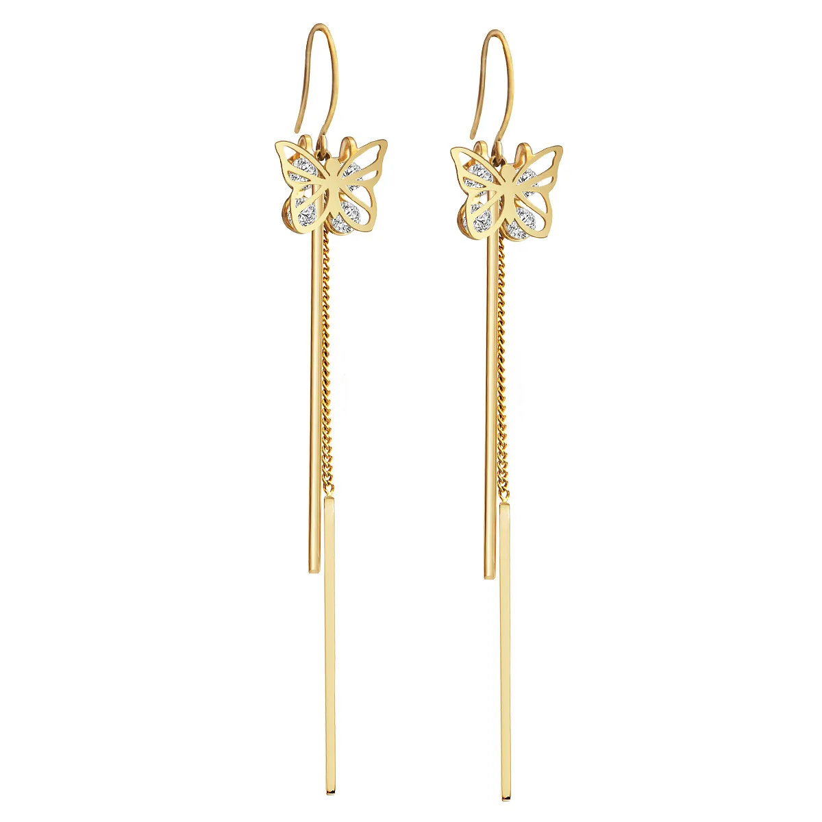 

Zircon Hollow Butterfly Earrings With Tassel Gold Color Plated Stainless Steel Earrings Long Tassel Women Drop Earrings