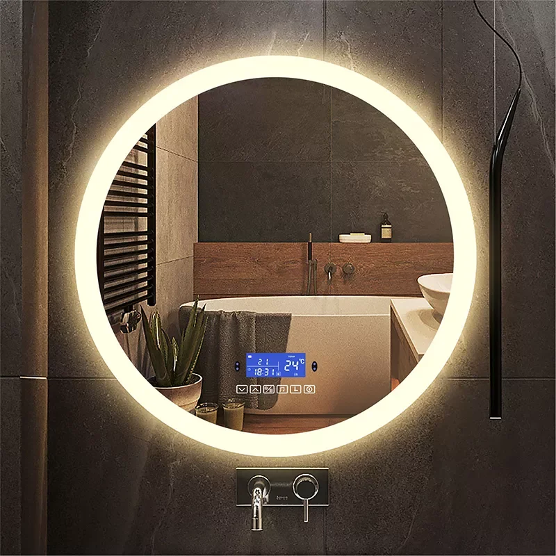 

Round LED Smart Bathroom Mirror With Body Induction Anti-Fog Bluetooth Three Color Light Function Bath Makeup Vanity Mirror