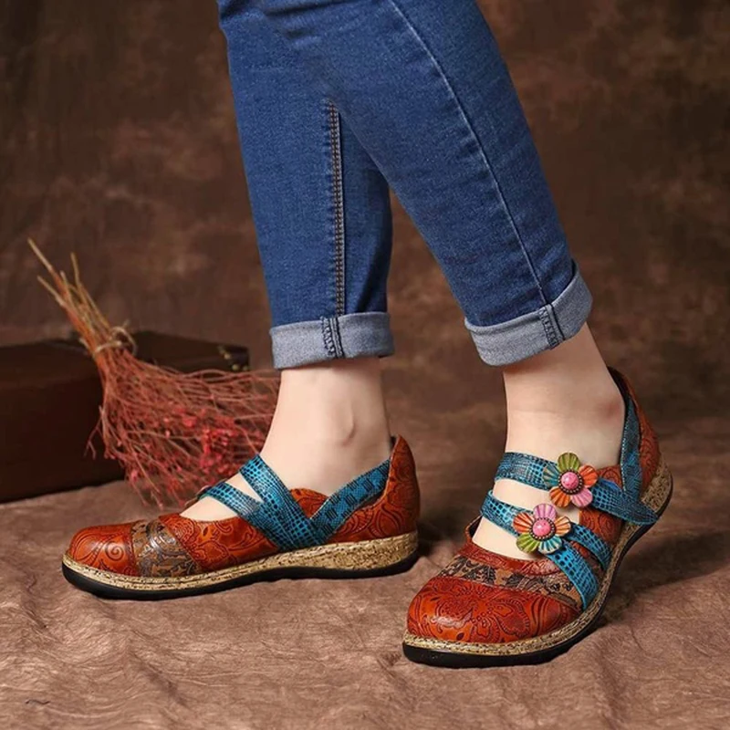 

Женские винтажные туфли на плоской подошве, повседневные туфли из искусственной кожи с цветочным рисунком, с цветными вставками, на липучке, весна-лето