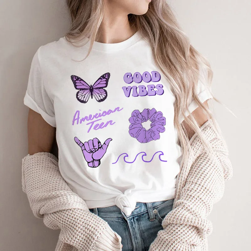T-shirts Women 90s Good Vibes Butterfly and gesture print Casual Cute Kawaii T shirt femme Fashion Clothing Tshirt Tops Lady
