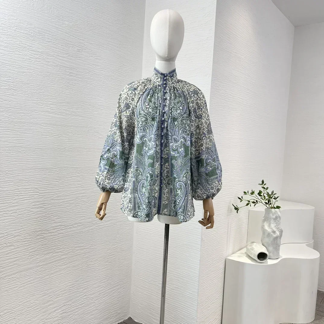 Высококачественная зеленая синяя блузка с принтом пейсли новинка 2024 длинными
