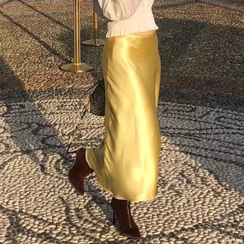 

Girls Elegant Party Smooth Clothes Faldas Largas Mujer Slim Ladies Pink Satin Goth Skirt Women's 2023 Yellow Tight Pencil Skirt