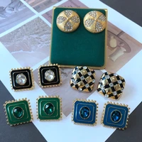 square round earrings blue green black enamel crystal stud jewelry pendientes for women