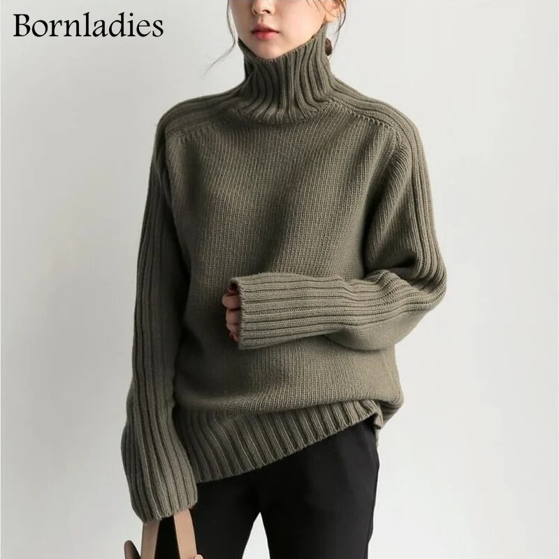 

Bornladies 2022 Autumn Winter Loose Turtleneck Pullover Basic Warm Sweater for Women Korean Soft Kniited Solid Sweater Tops