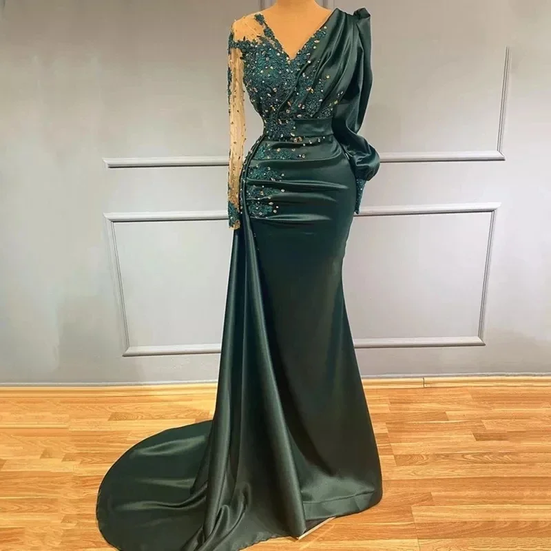 

Зеленое вечернее платье-Русалка ANGELSRIDEP с V-образным вырезом и длинными рукавами, женское официальное вечернее платье, элегантное платье для выпускного вечера с аппликацией