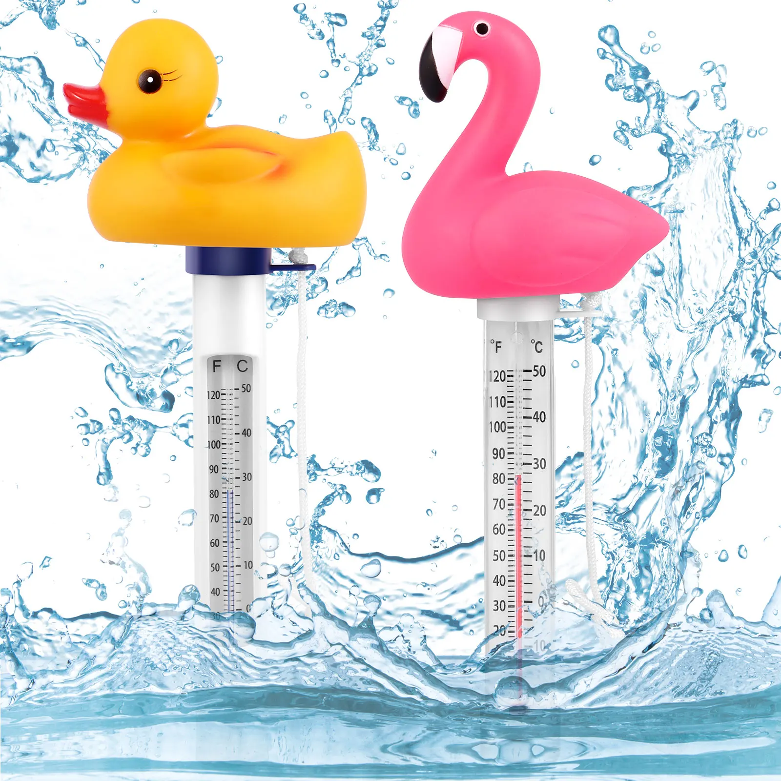 

2Pcs Floating Pool Thermometer Easy Read Pond Water Thermometer Cute Cartoon Duck Flamingo Swimming Pool Thermometer Shatter