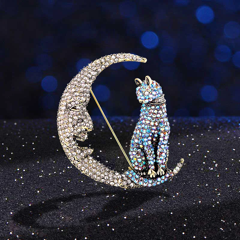 

Moon and Cat Shining Crystal Stone Exquisite Brooches for Women Colorful Elegant Cat Metal Pin Suit Coat Sweater Breast Flower