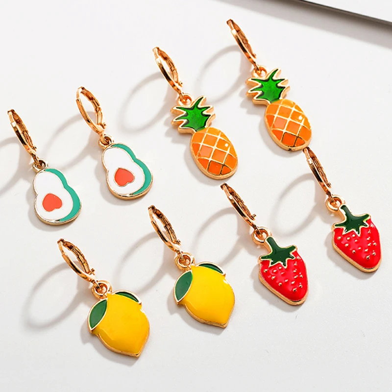 

2PairsTrend Vintage Metallic Colorful Enamel Summer Fruit Pendant Hoop Earring Strawberry Avocado Pineapple Lemon Charm Earrings