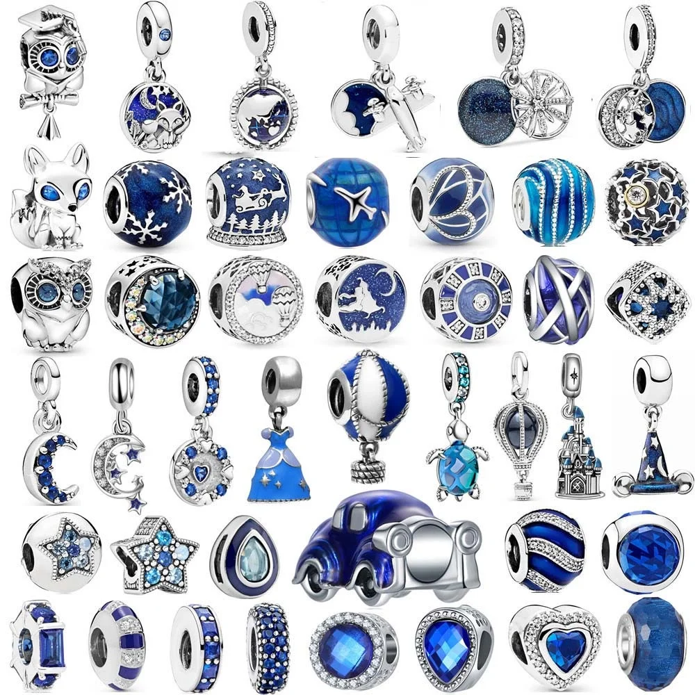 

925 New Blue Pandora Beads Charms Gift Color Balloon Butterfly Stars Moon Sapphire Suitable For 3mm Charm Bracelet Spacer Beads