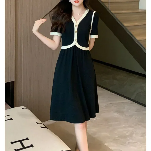 Женское твидовое платье больших размеров двухсекционное черное с иллюзией для