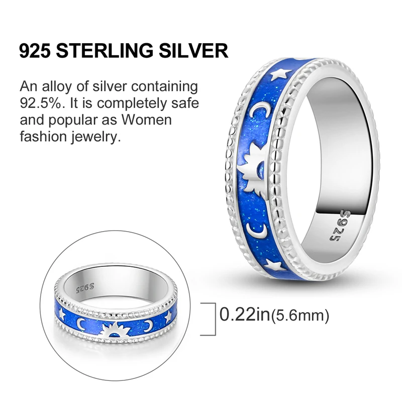 Женские кольца со звездой и луной из серебра 100% пробы